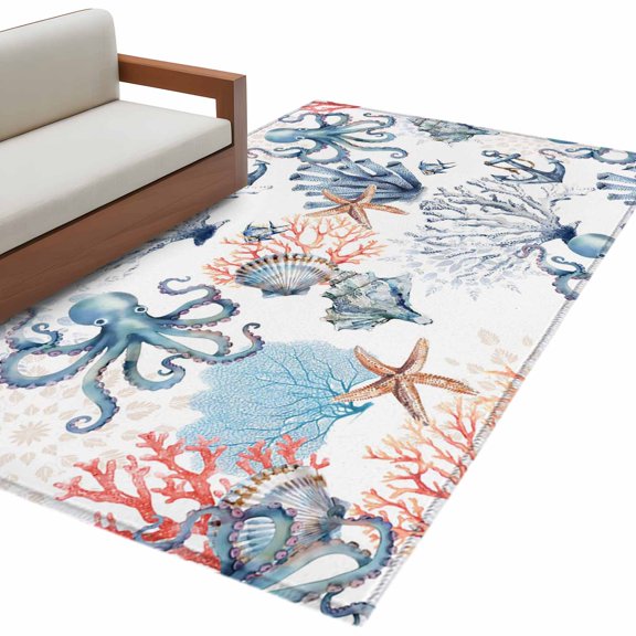Rectangle Area Rug 4x6ft, Abstract Eight-Paw Fish Corals Non-Slip Non-Shedding Floor Mat, Marine Life Sea Snails Washable Sturdy Carpet for Living Room Bedroom Home Decor