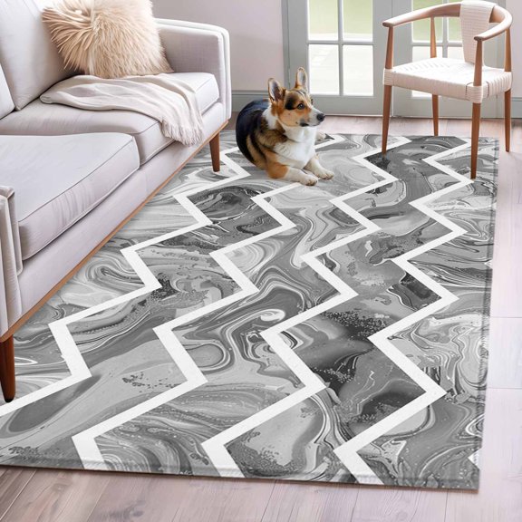 Rectangle Area Rug 4x6ft, Abstract Geometric Grey Stripe Zigzag Chevron Non-Slip Non-Shedding Floor Mat, Modern Marble Line Washable Sturdy Carpet for Living Room Bedroom Home Decor