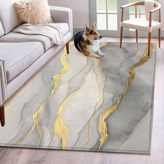 Rectangle Area Rug 4x6ft, Abstract Gold Lines Marble Texture Non-Shedding Washable Area Rug, Grey Stone Art Non Slip Low-Profile Rugs for Living Room, Bedroom Dining Room