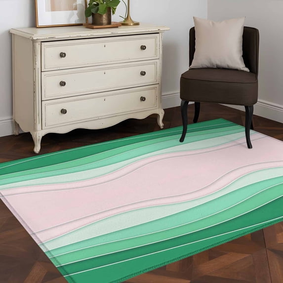 Rectangle Area Rug 4x6ft,Abstract Green Beige Ocean Wave Washable Carpet Non-Slip Runner Accent Rugs Indoor Floor Mat for Bedroom Living Room Decor,Modern Minimalist Style
