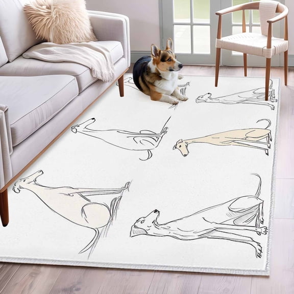 Rectangle Area Rug 4x6ft, Abstract Greyhound Dog Sketch Non-Slip Non-Shedding Floor Mat, Animal Line Art on White Washable Sturdy Carpet for Living Room Bedroom Home Decor