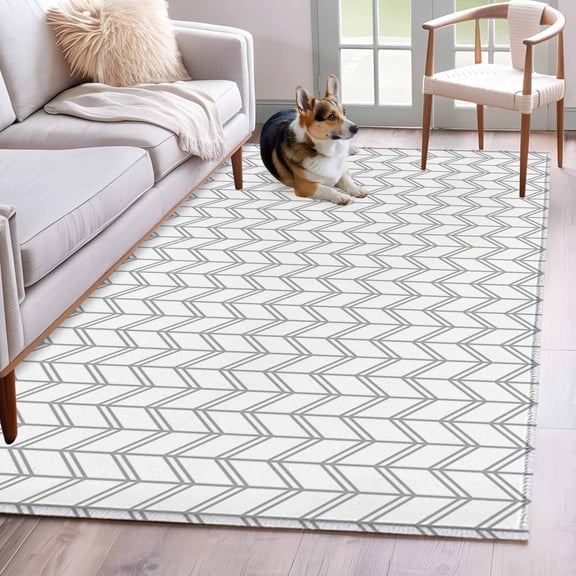 Rectangle Area Rug 4x6ft, Abstract Herringbone Pattern Non-Shedding Washable Area Rug, Modern Gray White Zigzag Non Slip Low-Profile Rugs for Living Room, Bedroom Dining Room