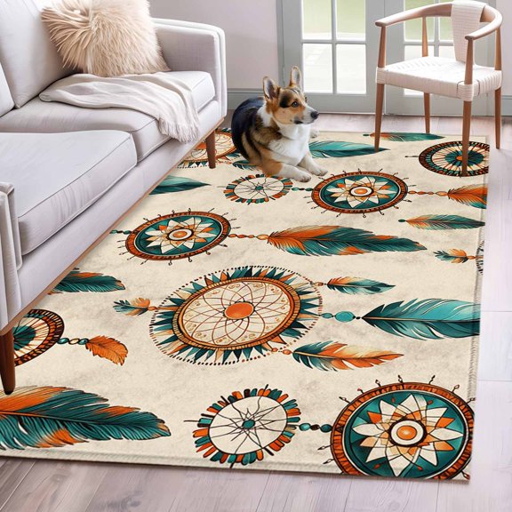Rectangle Area Rug 4x6ft, Abstract Indian Totem Non-Slip Non-Shedding Floor Mat, Retro Ancient Patterns on Linen Washable Sturdy Carpet for Living Room Bedroom Home Decor