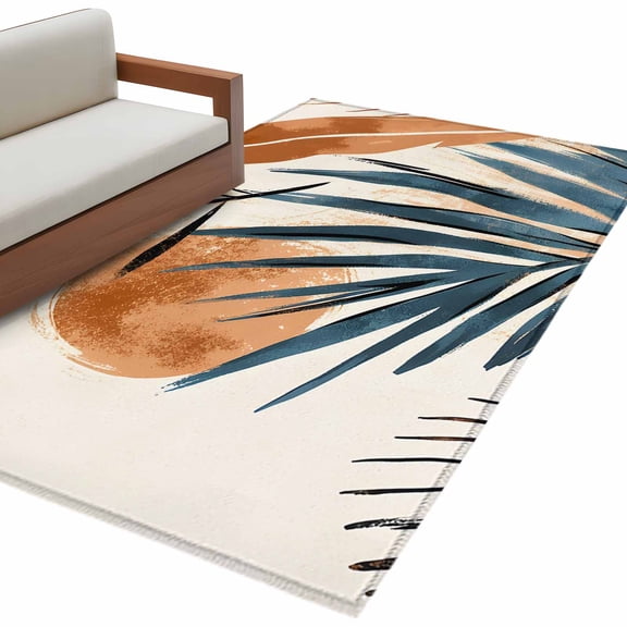 Rectangle Area Rug 4x6ft, Abstract Leaf Boho Sun Non-Slip Non-Shedding Floor Mat, Orange Color Block Nordic Style Washable Sturdy Carpet for Living Room Bedroom Home Decor