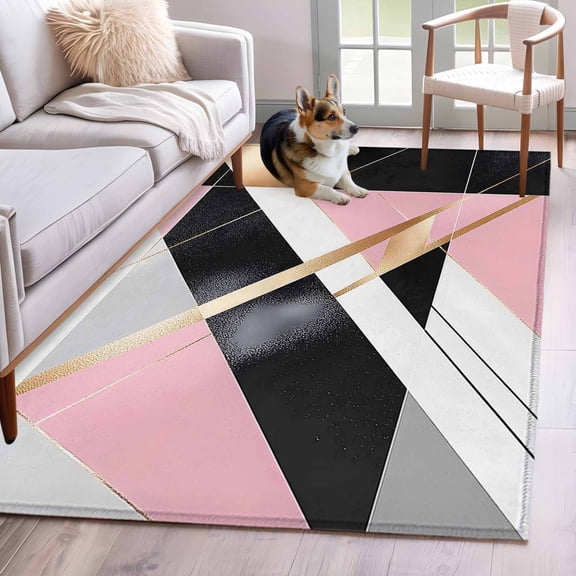 Rectangle Area Rug 4x6ft, Abstract Marble Texture Pattern Non-Slip Non-Shedding Floor Mat, Black White Pink Washable Sturdy Carpet for Living Room Bedroom Home Decor