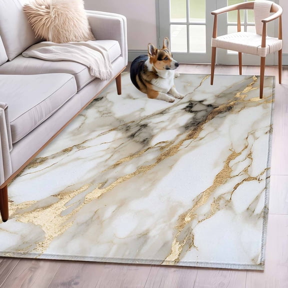 Rectangle Area Rug 4x6ft, Abstract Natural Art Marble Pattern Non-Slip Non-Shedding Floor Mat, Stone Texture Gpld Stripe Washable Sturdy Carpet for Living Room Bedroom Home Decor