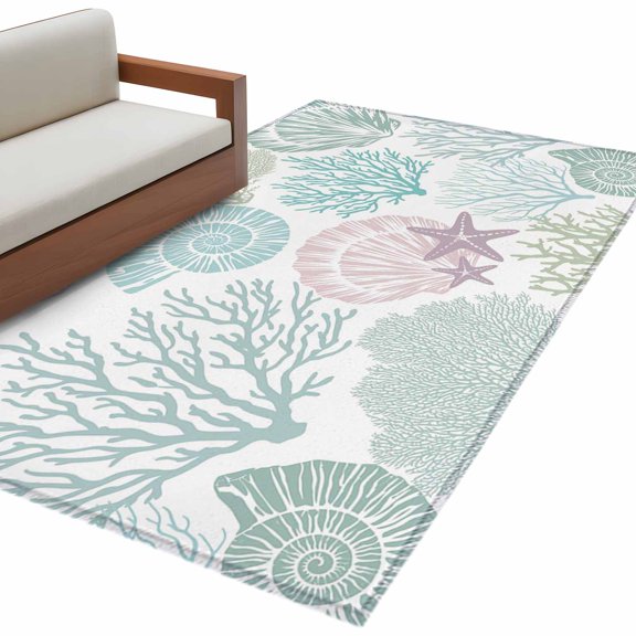 Rectangle Area Rug 4x6ft, Abstract Ocean Coral Starfish Non-Slip Non-Shedding Floor Mat, Watercolor Marine Life Washable Sturdy Carpet for Living Room Bedroom Home Decor