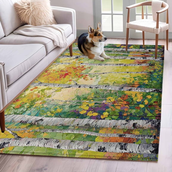 Rectangle Area Rug 4x6ft, Abstract Plant Birch Non-Shedding Washable Area Rug, Classic Country Tree Art Non Slip Low-Profile Rugs for Living Room, Bedroom Dining Room