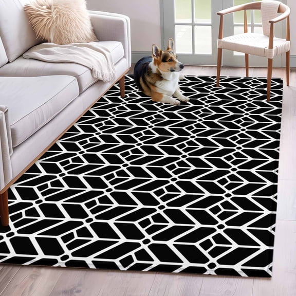 Rectangle Area Rug 4x6ft, Abstract Stripe Plaid Non-Shedding Washable Area Rug, Black White Geometric Pattern Non Slip Low-Profile Rugs for Living Room, Bedroom Dining Room