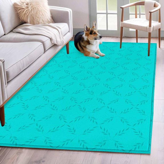 Rectangle Area Rug 4x6ft, Abstract Turquoise Diamond Leaves Non-Shedding Washable Area Rug, Modern Art Non Slip Low-Profile Rugs for Living Room, Bedroom Dining Room