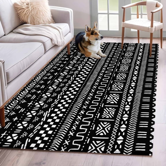 Rectangle Area Rug 4x6ft, Africa Traditional Ethnicity Pattern Non-Shedding Washable Area Rug, Abstract Geometric Art Non Slip Low-Profile Rugs for Living Room, Bedroom Dining Room