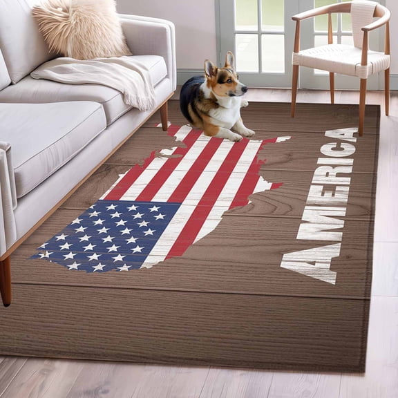 Rectangle Area Rug 4x6ft, American Independence Day Non-Slip Non-Shedding Floor Mat, USA Flag Map on Wood Grain Washable Sturdy Carpet for Living Room Bedroom Home Decor