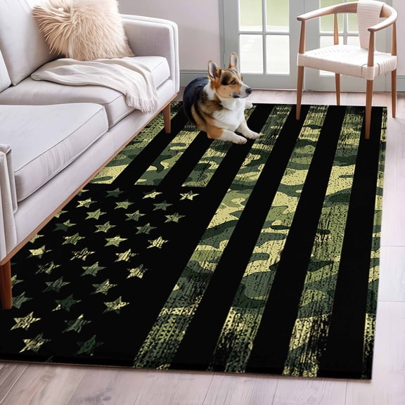 Rectangle Area Rug 4x6ft, American Retro Stars and Stripes Flag Non-Shedding Washable Area Rug, Forests Army Camouflage Non Slip Low-Profile Rugs for Living Room, Bedroom Dining Room