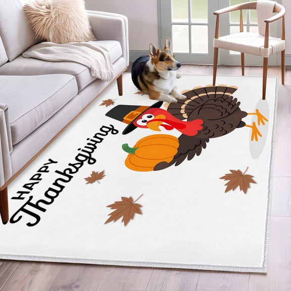 Rectangle Area Rug 4x6ft, Autumn Turmeric Pumpkin Maple Leaf Non-Shedding Washable Area Rug, Happy Thanksgiving Non Slip Low-Profile Rugs for Living Room, Bedroom Dining Room