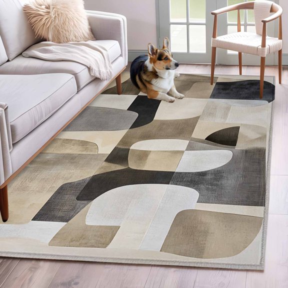 Rectangle Area Rug 4x6ft, Black Brown Color Block Non-Shedding Washable Area Rug, Abstract Geometric Pattern Non Slip Low-Profile Rugs for Living Room, Bedroom Dining Room