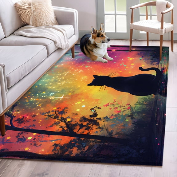 Rectangle Area Rug 4x6ft, Black Cat Silhouette Forest Non-Slip Non-Shedding Floor Mat, Starry Night Lake Reflection Washable Sturdy Carpet for Living Room Bedroom Home Decor