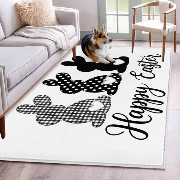 Rectangle Area Rug 4x6ft, Black White Buffalo Plaid Polka Dots Carrot Non-Shedding Washable Area Rug, Happ Easter Non Slip Low-Profile Rugs for Living Room, Bedroom Dining Room