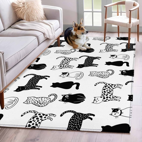 Rectangle Area Rug 4x6ft, Black White Cats Non-Slip Non-Shedding Floor Mat, Cute Spotted Leopard Print Kitty Washable Sturdy Carpet for Living Room Bedroom Home Decor