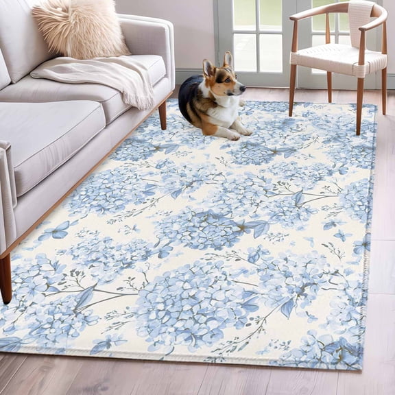 Rectangle Area Rug 4x6ft, Blossoms Hydrangea Floral Non-Shedding Washable Area Rug, Blue Flowers Non Slip Low-Profile Rugs for Living Room, Bedroom Dining Room