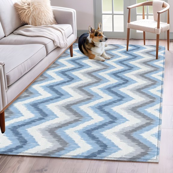Rectangle Area Rug 4x6ft, Blue Gray Zigzag Chevron Non-Slip Non-Shedding Floor Mat, Abstract Geometric Water Ripple Washable Sturdy Carpet for Living Room Bedroom Home Decor