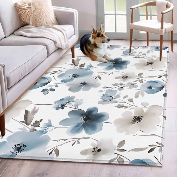 Rectangle Area Rug 4x6ft, Blue Light Brown Flower Leaves Non-Slip Non-Shedding Floor Mat, Spring Floral Washable Sturdy Carpet for Living Room Bedroom Home Decor