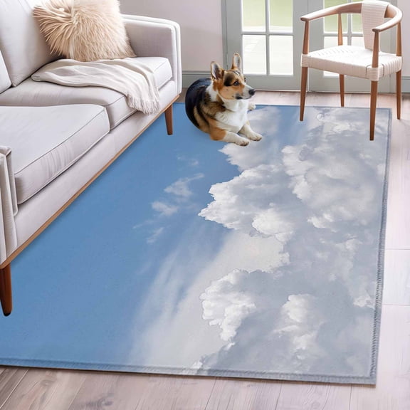 Rectangle Area Rug 4x6ft, Blue Sky White Clouds Non-Shedding Washable Area Rug, Sunny Gradient Back Non Slip Low-Profile Rugs for Living Room, Bedroom Dining Room