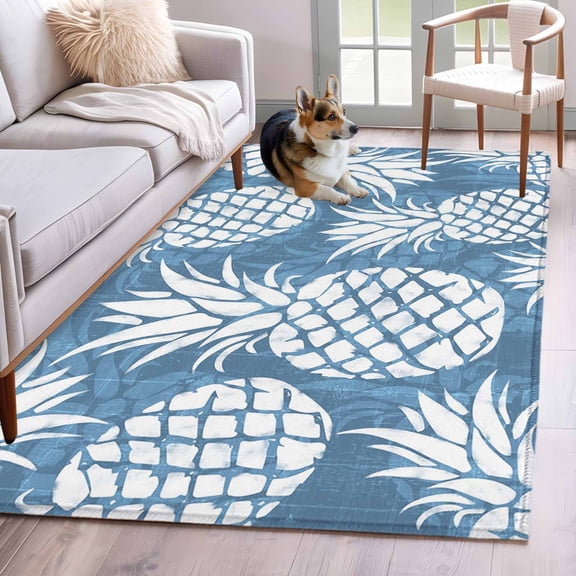 Rectangle Area Rug 4x6ft, Blue White Pineapple Non-Slip Non-Shedding Floor Mat, Minimalist Fruit Pattern Washable Sturdy Carpet for Living Room Bedroom Home Decor