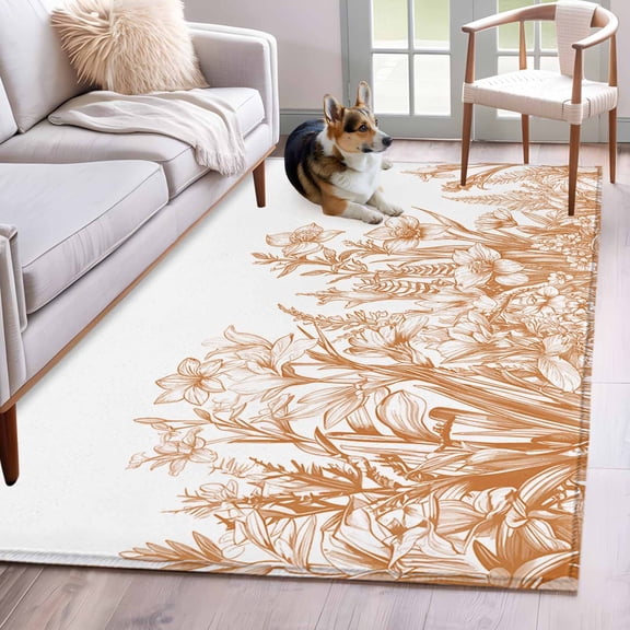 Rectangle Area Rug 4x6ft, Brown Iris Flower Lavender on White Non-Slip Non-Shedding Floor Mat, Country Plants Washable Sturdy Carpet for Living Room Bedroom Home Decor