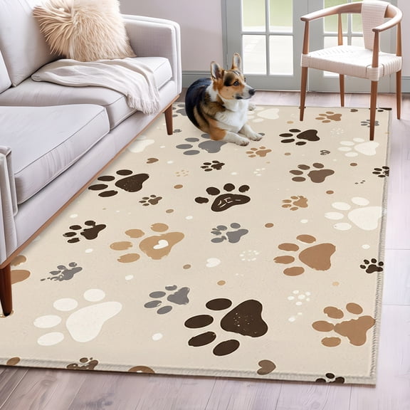 Rectangle Area Rug 4x6ft, Brown White Dog Paw Prints Non-Shedding Washable Area Rug, Cute Cat Paws Non Slip Low-Profile Rugs for Living Room, Bedroom Dining Room