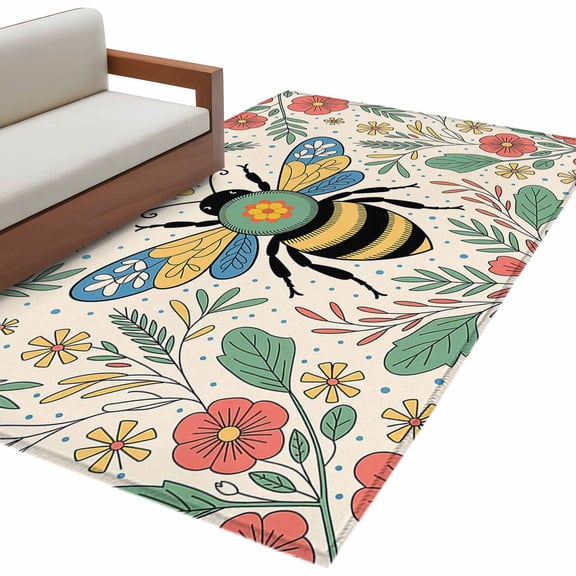 Rectangle Area Rug 4x6ft, Bumble Bee Flower Leaves Non-Slip Non-Shedding Floor Mat, Blue Polka Dot Washable Sturdy Carpet for Living Room Bedroom Home Decor