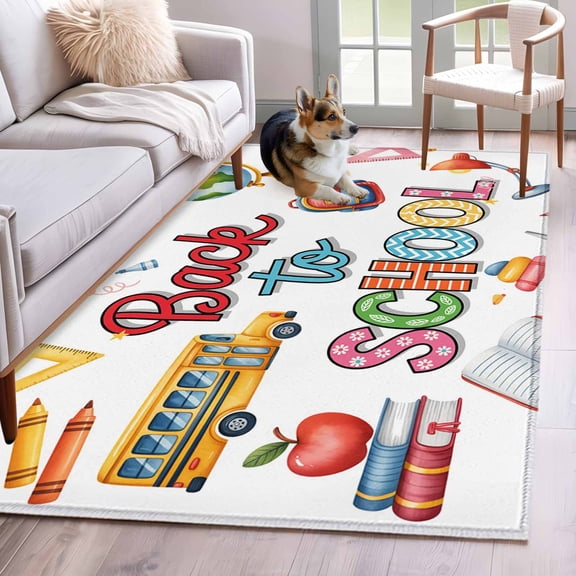 Rectangle Area Rug 4x6ft, Bus Bag Globe Crayon Desklamp Non-Shedding Washable Area Rug, Back to School Season Non Slip Low-Profile Rugs for Living Room, Bedroom Dining Room