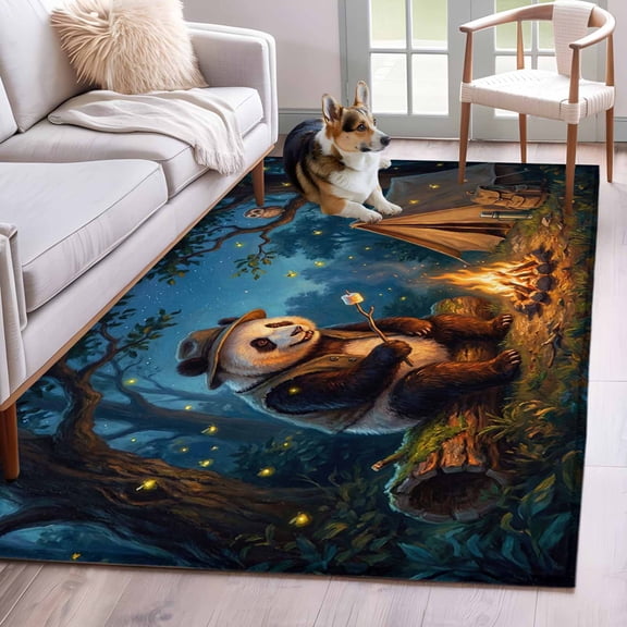Rectangle Area Rug 4x6ft, Camping Bonfire Panda Non-Shedding Washable Area Rug, Nighttime Firefly Owl Non Slip Low-Profile Rugs for Living Room, Bedroom Dining Room