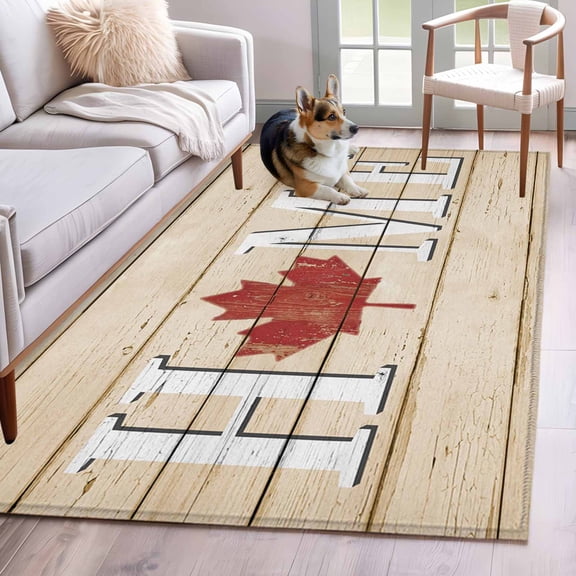 Rectangle Area Rug 4x6ft, Canadian Day Home Words Non-Shedding Washable Area Rug, Retro Maple Leafs on Wood Non Slip Low-Profile Rugs for Living Room, Bedroom Dining Room