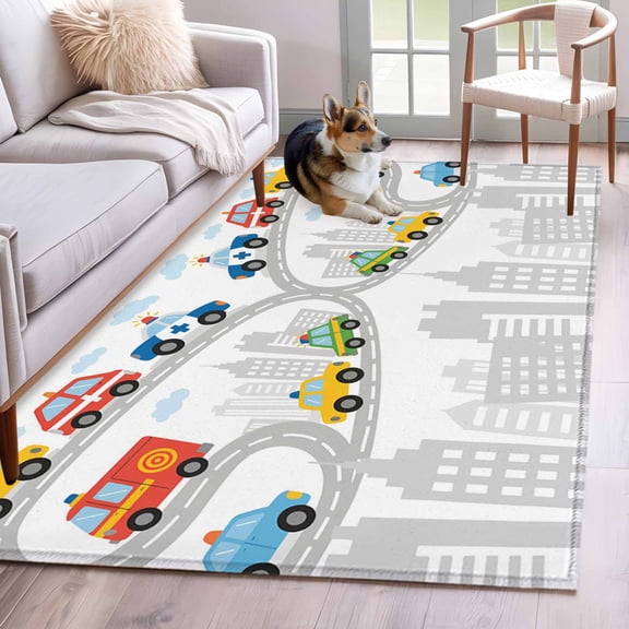 Rectangle Area Rug 4x6ft, Cartoon Car Grey Silhouette Non-Slip Non-Shedding Floor Mat, Colorful Truck Abstract Washable Sturdy Carpet for Living Room Bedroom Home Decor