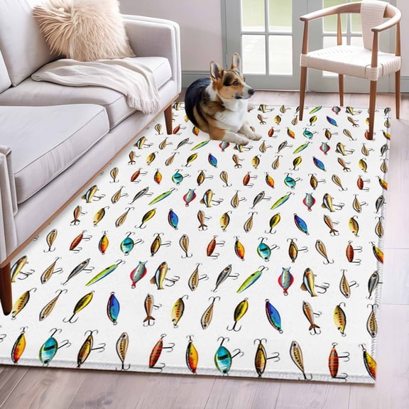 Rectangle Area Rug 4x6ft, Cartoon Colorful Bait Non-Shedding Washable Area Rug, Abstract Fish Hook Non Slip Low-Profile Rugs for Living Room, Bedroom Dining Room