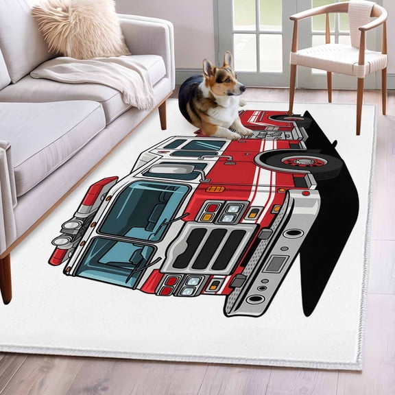 Rectangle Area Rug 4x6ft, Cartoon Fire Truck Red Grey Car Non-Slip Non-Shedding Floor Mat, Patriotic Firefighter Trucks on White Washable Sturdy Carpet for Living Room Bedroom Home Decor