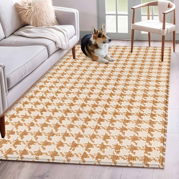 Rectangle Area Rug 4x6ft, Classic Beige Khaki Houndstooth Pattern Non-Slip Non-Shedding Floor Mat, Vintage Farm Checker Washable Sturdy Carpet for Living Room Bedroom Home Decor