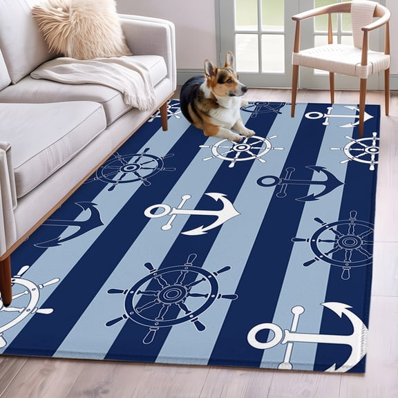 Rectangle Area Rug 4x6ft, Coastal Anchor Compass Non-Slip Non-Shedding Floor Mat, Nautical Theme Navy Blue Stripe Washable Sturdy Carpet for Living Room Bedroom Home Decor