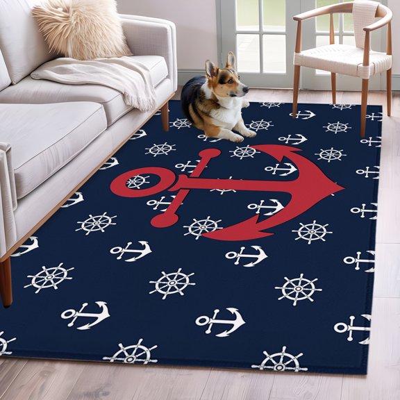 Rectangle Area Rug 4x6ft, Coastal Anchor Compass Seamless Non-Slip Non-Shedding Floor Mat, Nautical Ocean Navy Blue Washable Sturdy Carpet for Living Room Bedroom Home Decor