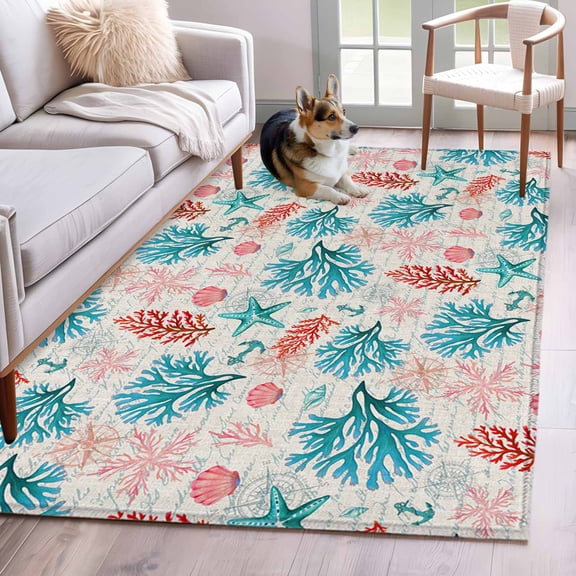 Rectangle Area Rug 4x6ft, Coastal Blue Coral Nautical Compass Non-Slip Non-Shedding Floor Mat, Summer Pink Shell Retro Words Washable Sturdy Carpet for Living Room Bedroom Home Decor