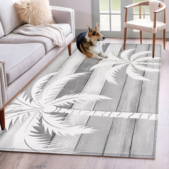 Rectangle Area Rug 4x6ft, Coastal Ocean Palm Tree Non-Slip Non-Shedding Floor Mat, Summer Beach Plant Wood Board Washable Sturdy Carpet for Living Room Bedroom Home Decor