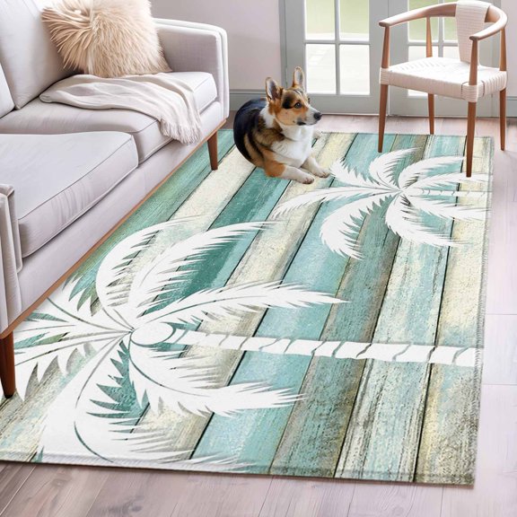 Rectangle Area Rug 4x6ft, Coastal Tropical Palm Tree Non-Slip Non-Shedding Floor Mat, Rustic Farm Wood Board Washable Sturdy Carpet for Living Room Bedroom Home Decor