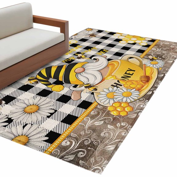 Rectangle Area Rug 4x6ft, Coffee Cup Bee Gnome Black Buffalo Plaid Non-Slip Non-Shedding Floor Mat, Yellow Daisy Flower Washable Sturdy Carpet for Living Room Bedroom Home Decor