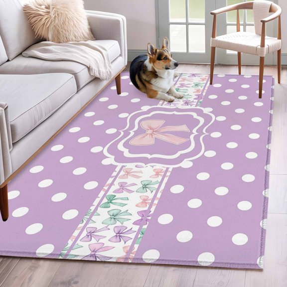 Rectangle Area Rug 4x6ft, Colorful Bow White Dots on Purple Non-Shedding Washable Area Rug, Modern Bowknot Polka Dot Non Slip Low-Profile Rugs for Living Room, Bedroom Dining Room