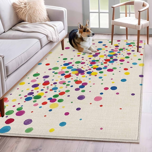 Rectangle Area Rug 4x6ft, Colorful Dot Polka on Burlap Linen Non-Slip Non-Shedding Floor Mat, Watercolor Dots Washable Sturdy Carpet for Living Room Bedroom Home Decor
