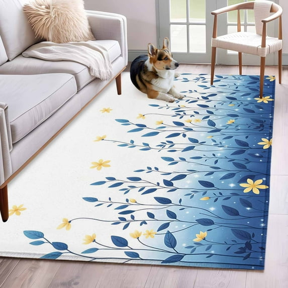 Rectangle Area Rug 4x6ft, Country Flower Abstract Floral Leaves Non-Shedding Washable Area Rug, Blue Gradient Non Slip Low-Profile Rugs for Living Room, Bedroom Dining Room