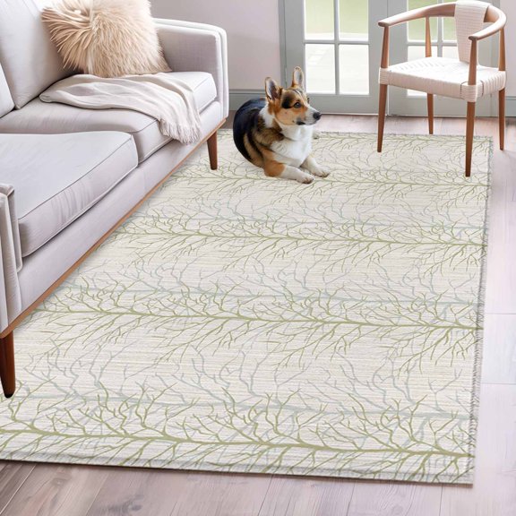 Rectangle Area Rug 4x6ft, Country Tree Branches Texture Non-Shedding Washable Area Rug, Seamless Plant Beige Stripe Non Slip Low-Profile Rugs for Living Room, Bedroom Dining Room