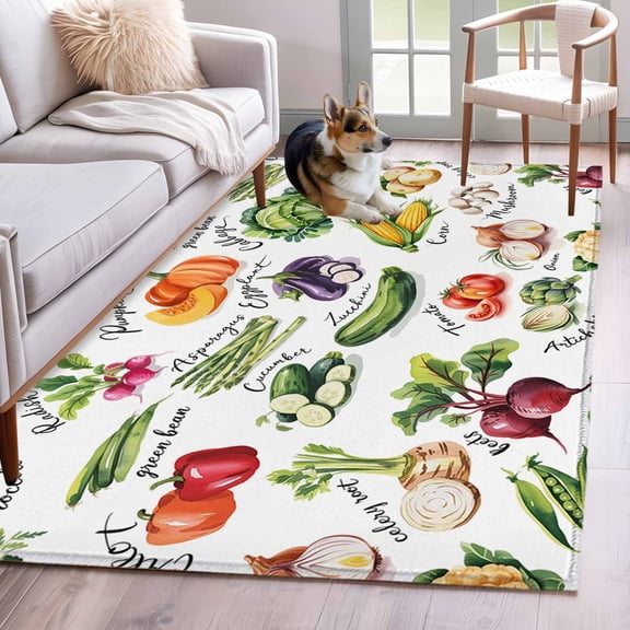 Rectangle Area Rug 4x6ft, Country Vegetables Non-Shedding Washable Area Rug, Rustic Farmhouse Plant Theme Non Slip Low-Profile Rugs for Living Room, Bedroom Dining Room