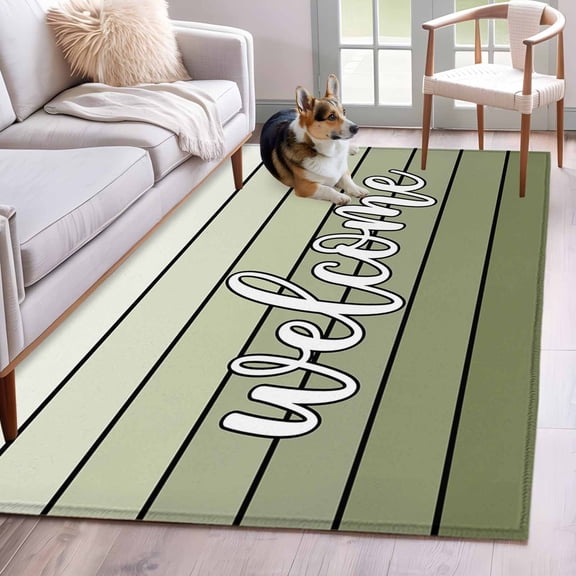 Rectangle Area Rug 4x6ft, Country Welcome Quote Wood Board Non-Shedding Washable Area Rug, Farmhouse Sage Green Wooden Non Slip Low-Profile Rugs for Living Room, Bedroom Dining Room