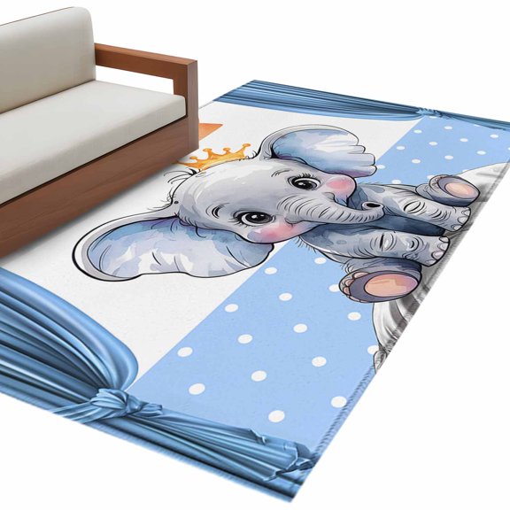 Rectangle Area Rug 4x6ft, Cute Elephant Cartoon Animal Non-Slip Non-Shedding Floor Mat, Polka Dot Blue Back Washable Sturdy Carpet for Living Room Bedroom Home Decor